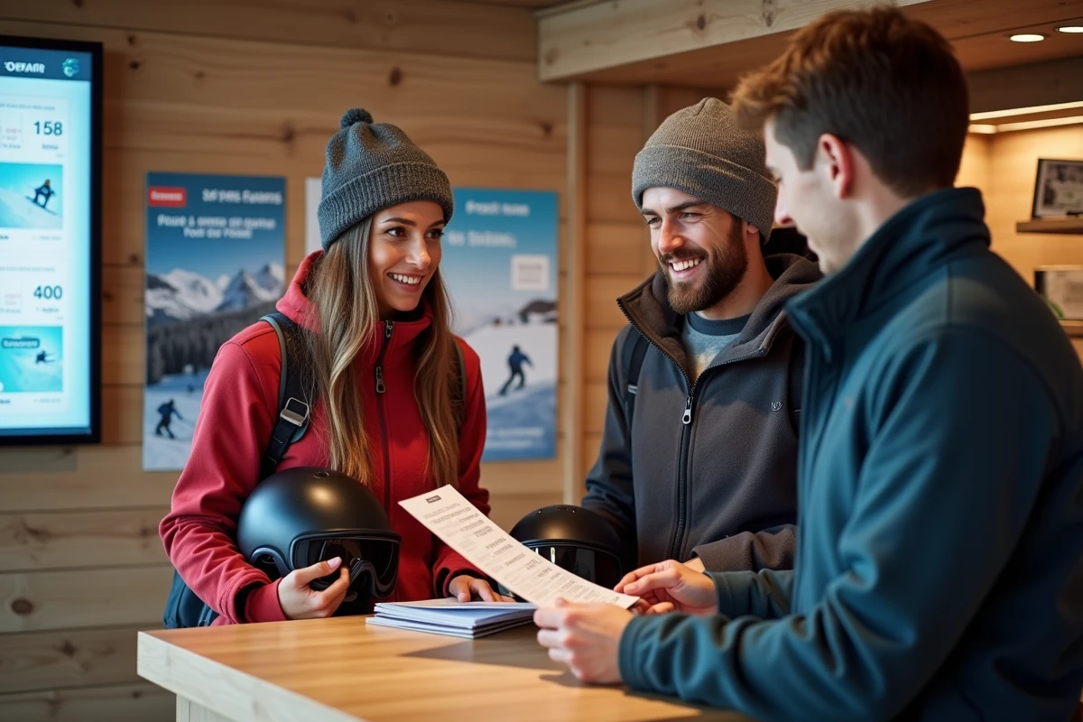 Couple achetant un forfait débutant au guichet d'une station de ski à La Plagne, conseillés par un agent de billetterie