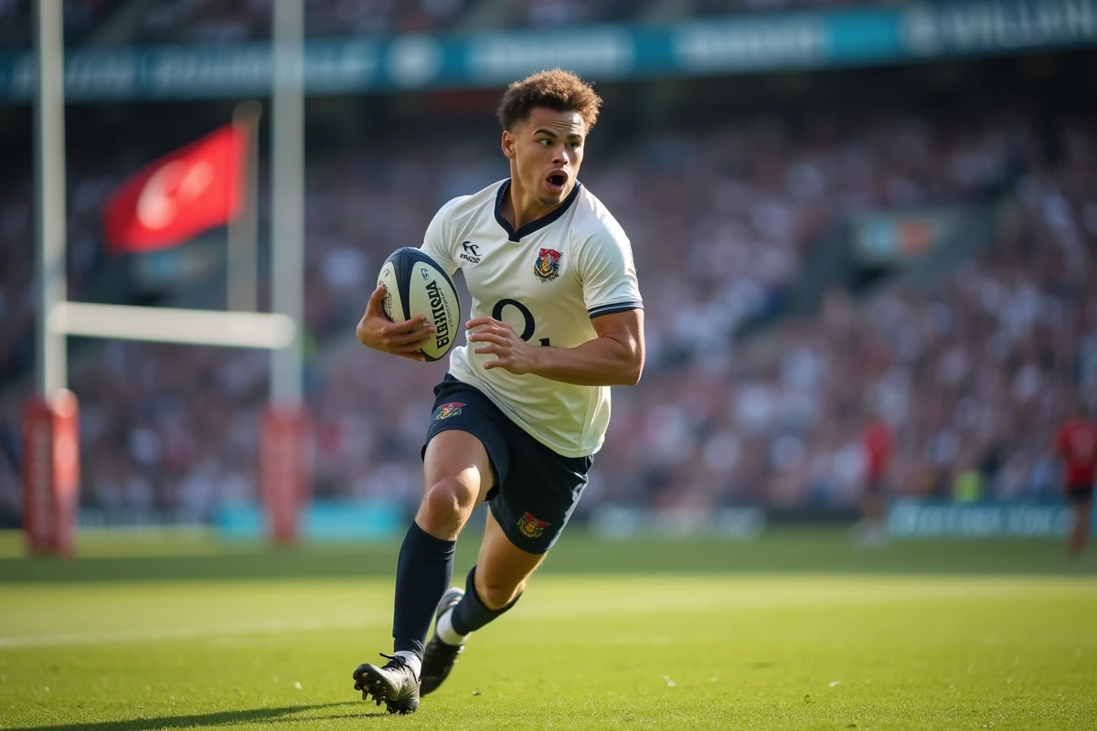Joueur de rugby U20 en pleine course avec ballon lors d'un match de coupe du monde dans un stade international