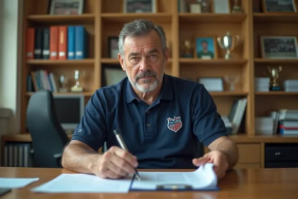 Responsable administratif du District de Vendée Football consultant des documents dans un bureau officiel