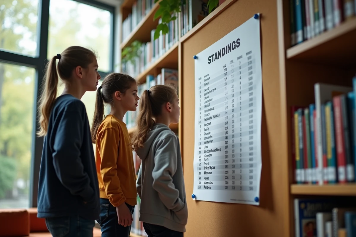 Trois adolescents étudient classement football en bibliothèque