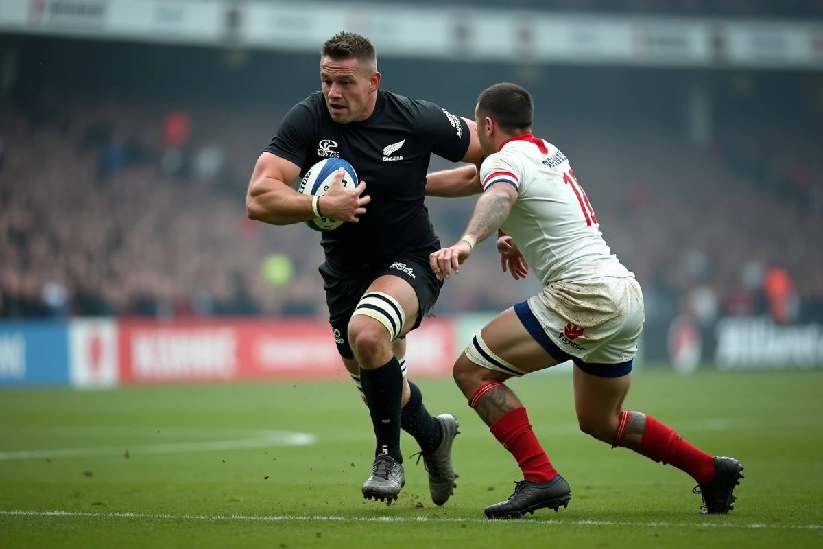 Joueur des All Blacks en action perçant un plaquage lors d'un match de Top 14 en France sous la pluie