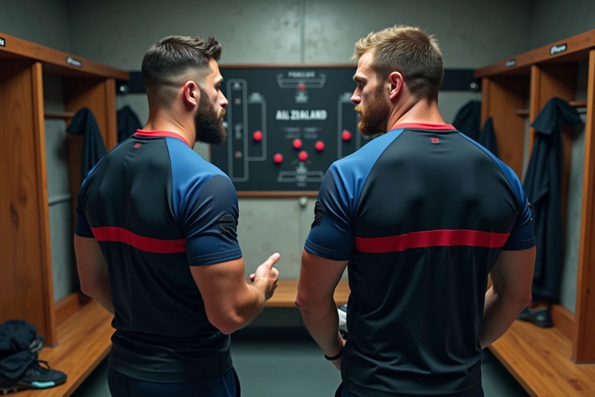 Joueur des All Blacks et joueur français en Pro D2 discutant de tactique dans un vestiaire de rugby