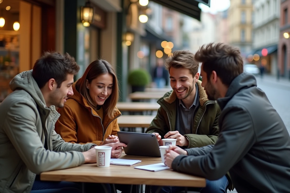 Groupe d amis discute autour d une tablette en terrasse de café