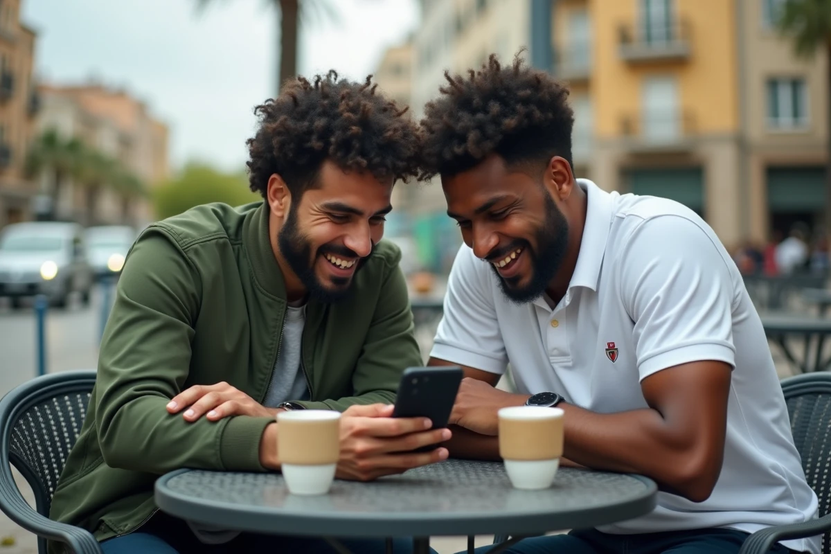 Deux amis qui consultent le calendrier de la Ligue 1 algérienne en PDF sur un smartphone en terrasse