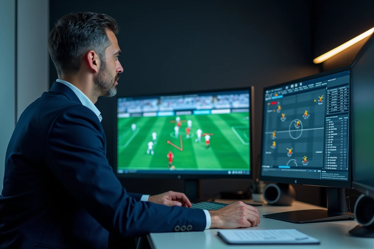 Analyste football étudiant des données tactiques sur écran, évoquant l'analyse du style technique d'un attaquant comme Dennis Bergkamp