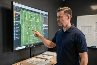 Analyste tactique de football pointant un tableau de formations avant un match du FCN