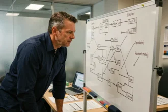 Analyste sportif étudiant le tableau des demi-finales de la Coupe de France sur un tableau tactique dans une salle d'analyse professionnelle