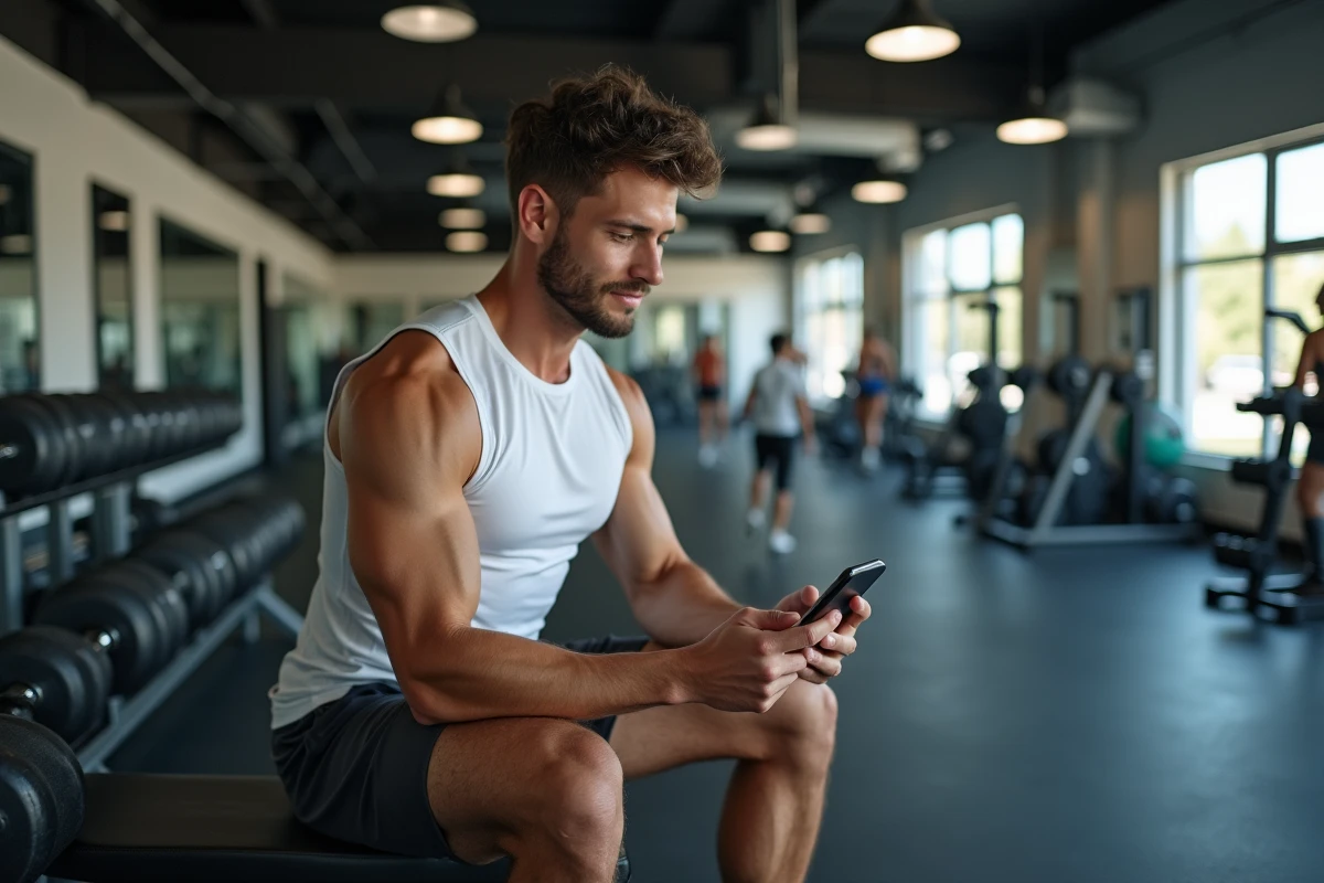Homme consultant l'application de son abonnement Basic Fit premium sur smartphone entre deux séries en salle de musculation