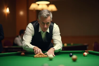 Arbitre de billard plaçant les boules avec un triangle sur un billard vert en salle de jeu professionnelle