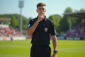 Jeune arbitre football en uniforme sur le terrain en plein soleil