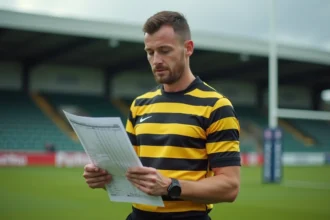 Arbitre de rugby fédérale consultant une feuille de match officielle sur le terrain pour lire les résultats