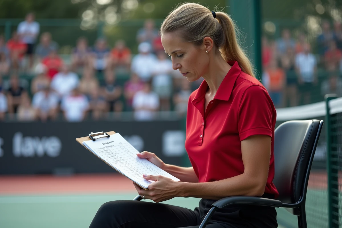 Arbitre officielle d'un tournoi de padel P250 consultant le barème de points sur un document officiel