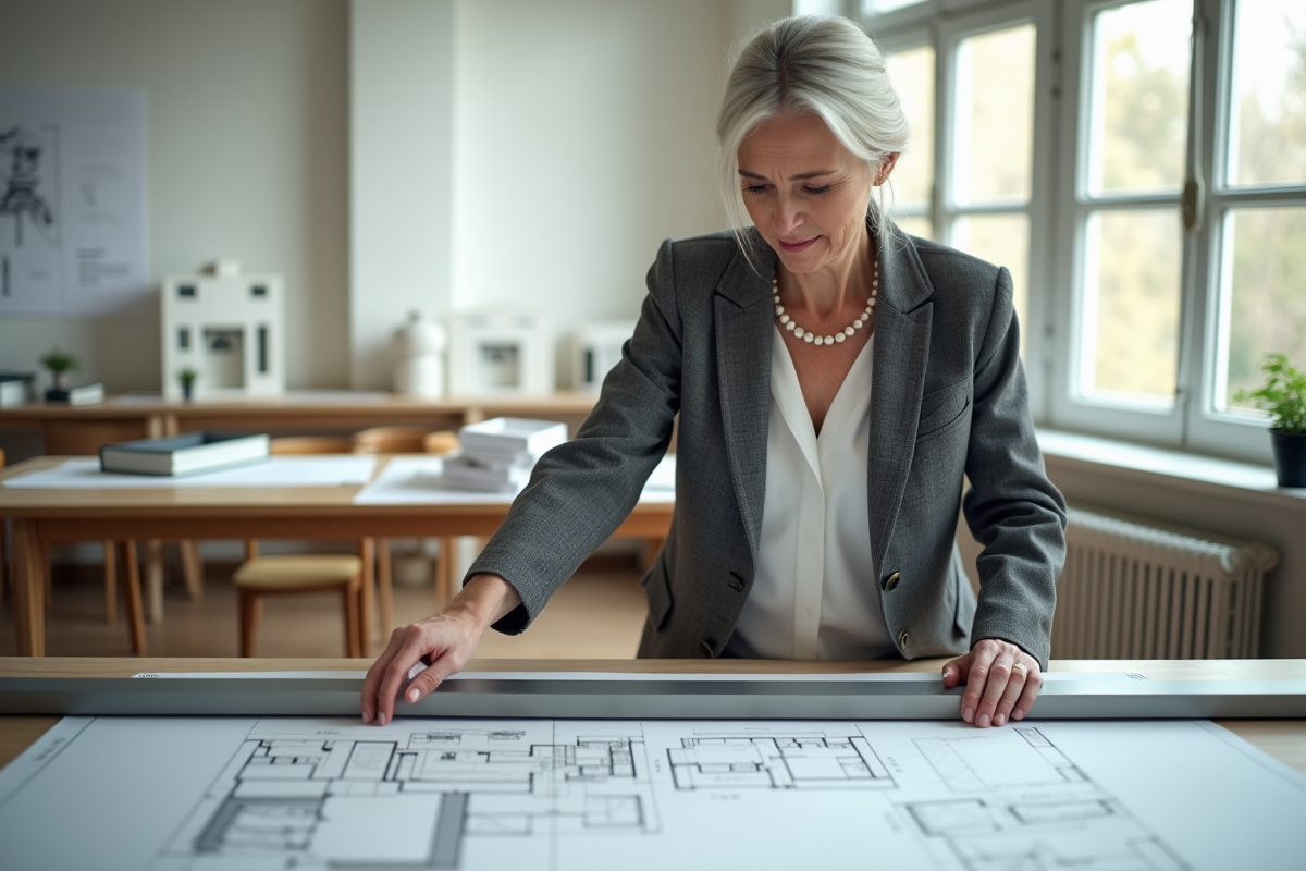 Architecte compare une barre métallique avec des plans