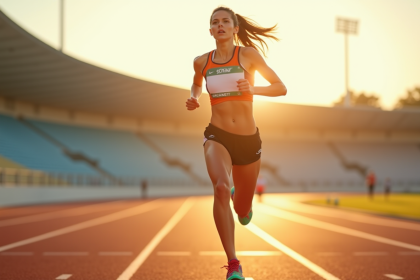 athlète féminine sprintant sur piste ensoleillée avec détermination