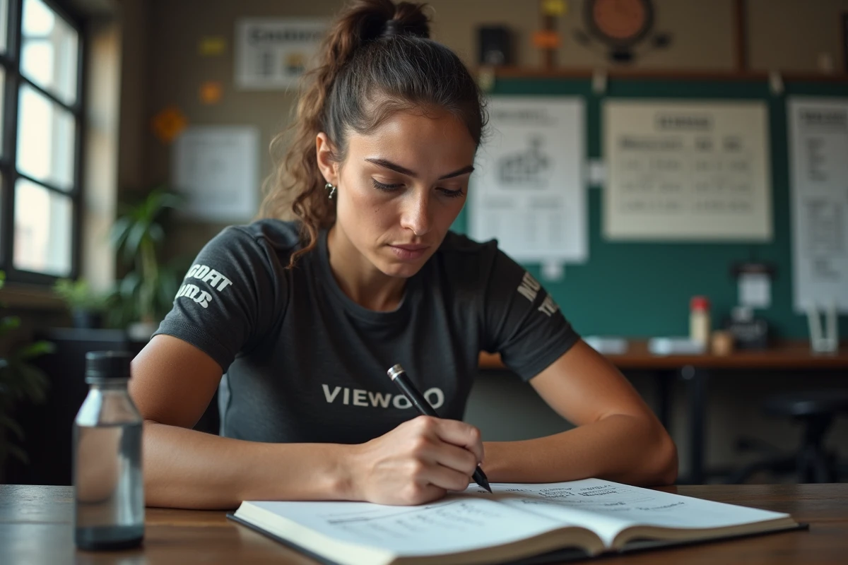 Athlète MMA féminine calculant son poids de combat optimal dans un carnet d'entraînement en salle de sport