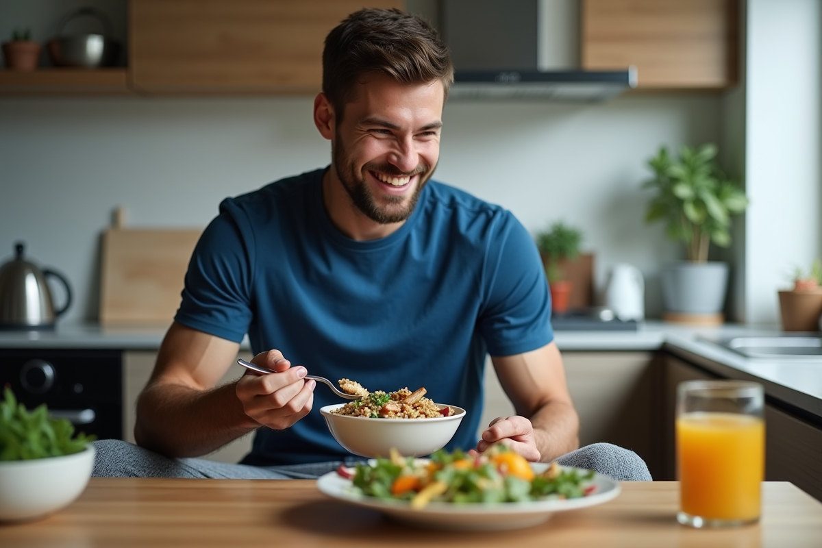 Jeune athlète souriant avec salade colorée dans une cuisine moderne
