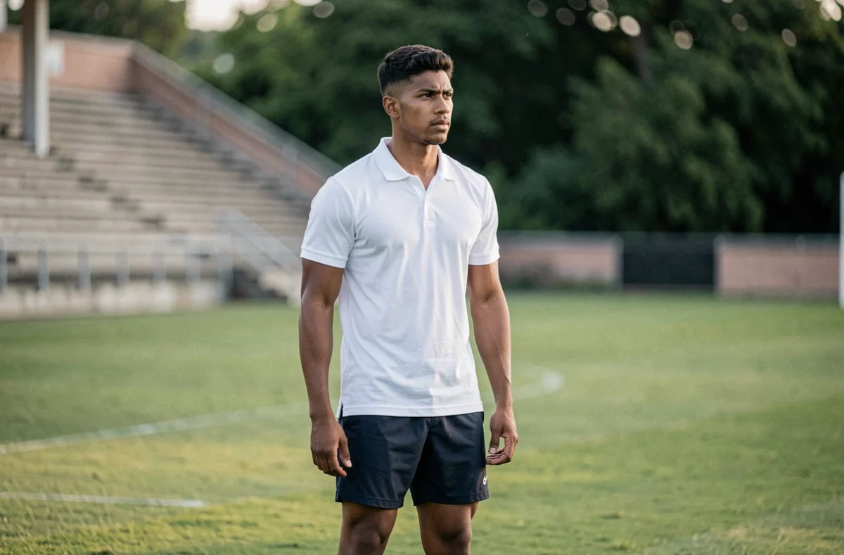 Athlète debout sur un terrain de football naturel, portrait en plein air illustrant le parcours et les origines d'un joueur professionnel français