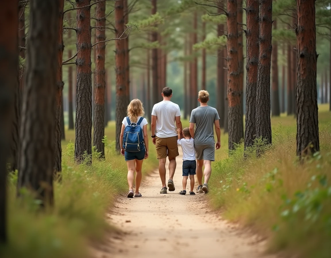 Famille en balade dans la forêt de pins des Landes près de Montalivet lors d'un week-end nature