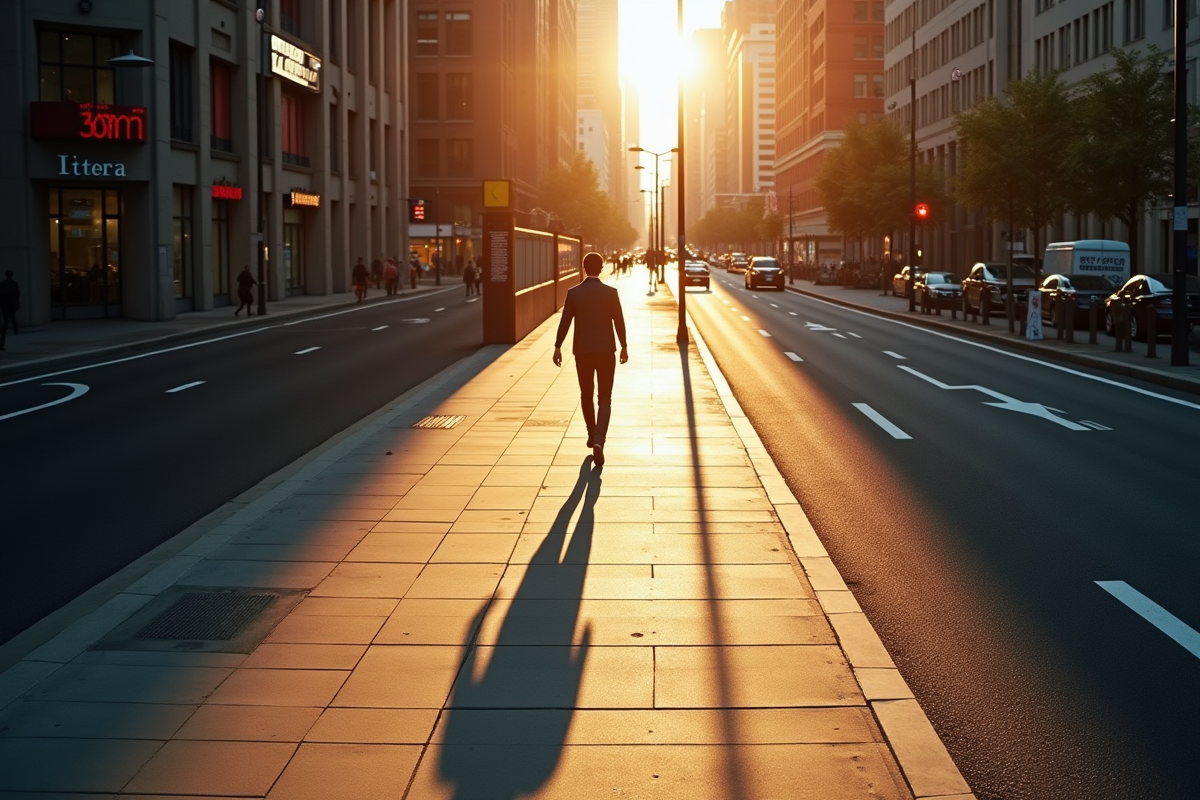 Personne marche sur le trottoir urbain en fin d