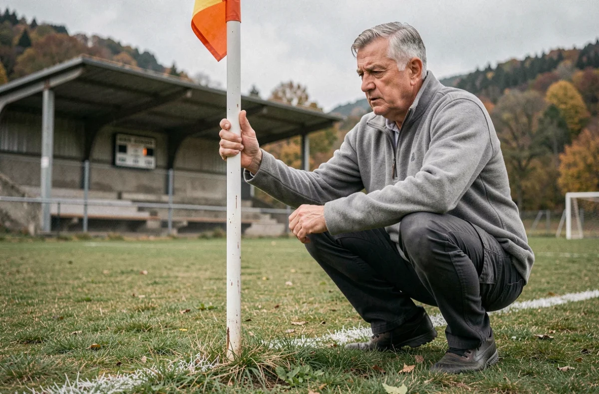 Bénévole retraité ajustant un drapeau de corner sur un terrain de football rural en Drôme-Ardèche en automne