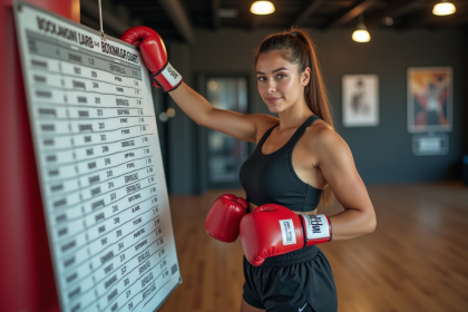 Jeune femme boxeuse dans un gymnase avec graphique poids