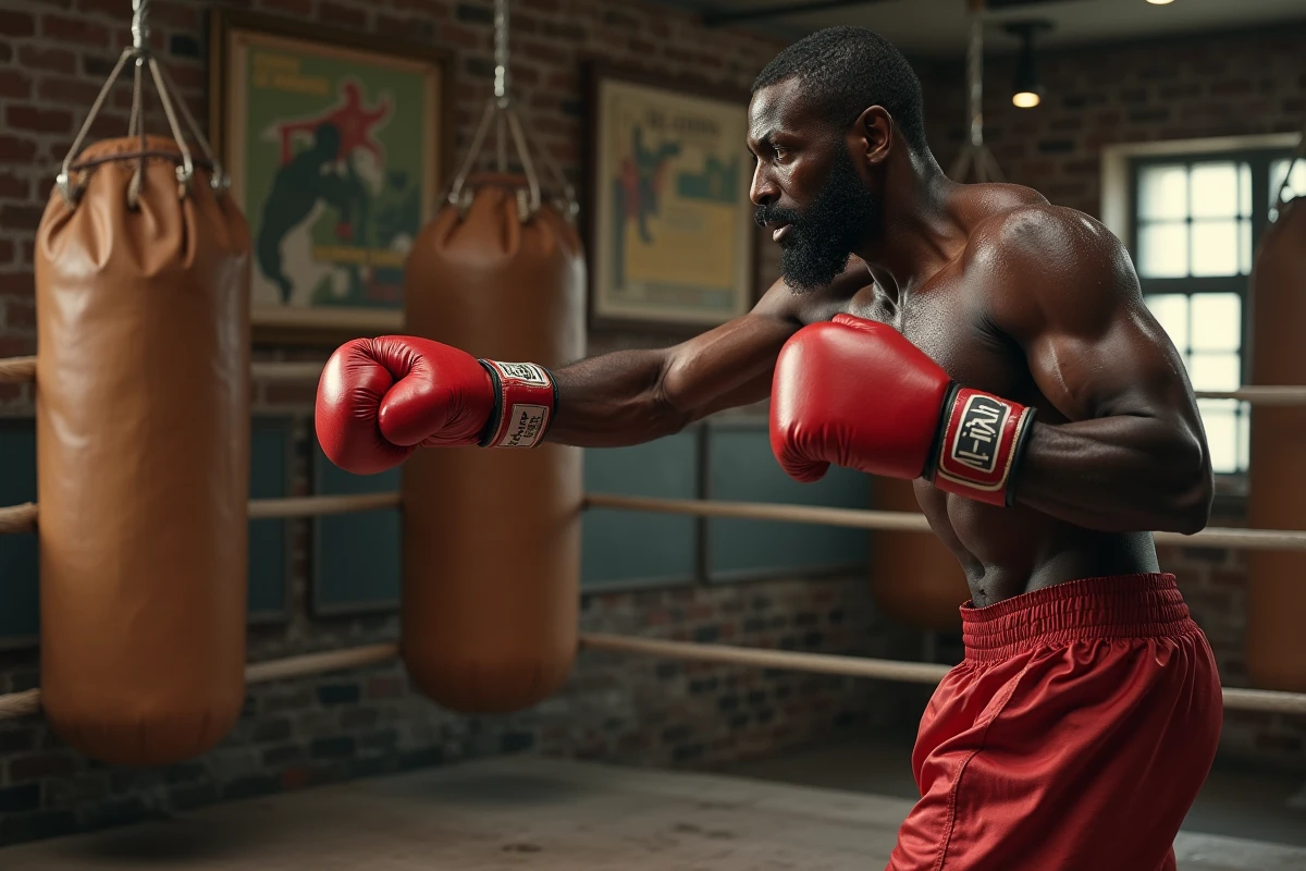 Boxeur noir des années 70 en action dans un gymnase vintage