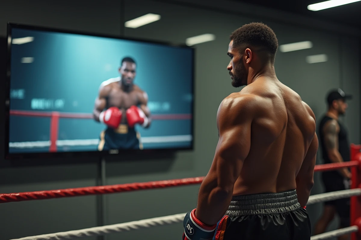Boxeur moderne observant une vidéo historique dans un centre d
