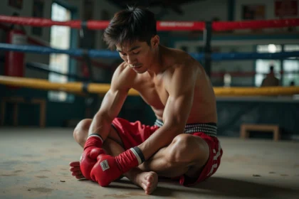 Boxeur thaï épuisé assis au bord d'un ring de boxe, les mains bandées posées sur les genoux, expression de doute et de fatigue visible dans une salle d'entraînement