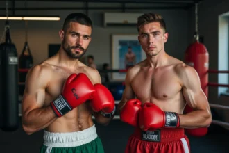 Deux boxeurs masculins dans une salle de sport moderne