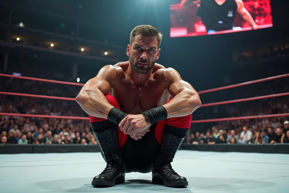 Catcheur professionnel déçu assis dans le ring après une défaite lors d'un événement WWE Saturday Night Main Event