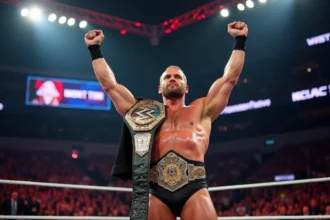 Catcheur professionnel victorieux tenant une ceinture de championnat dans un ring de catch lors du WWE Saturday Night Main Event