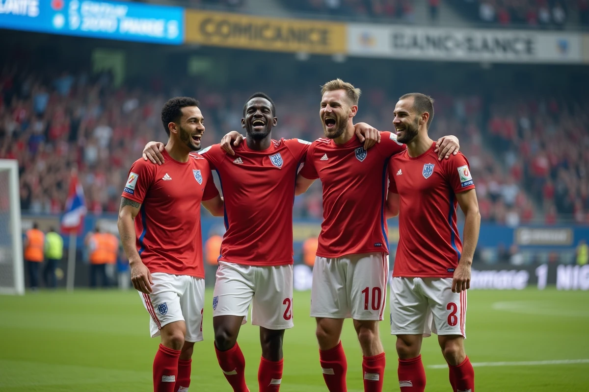 Joueurs d'un outsider de Ligue 1 célébrant un but surprise dans un stade de province en 2026