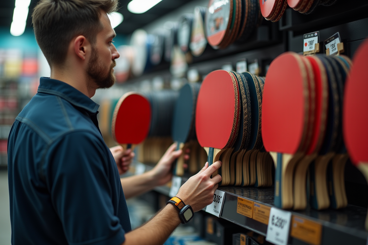 Personne choisissant une raquette de pingpong dans un magasin bien éclairé