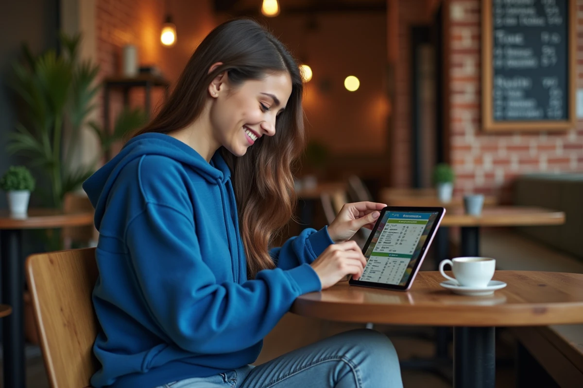 Femme consultant le classement du championnat fédéral de rugby sur une tablette dans un café