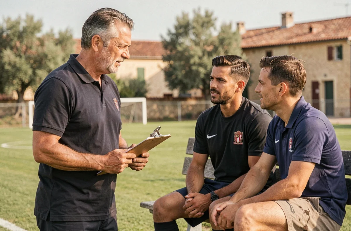 Entraîneur de football discutant avec deux joueurs sur le banc de touche lors des sélections du Sporting Club Aubagne Air Bel