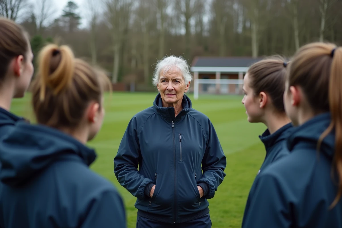 Entraîneure discutant avec jeunes joueuses sur le terrain