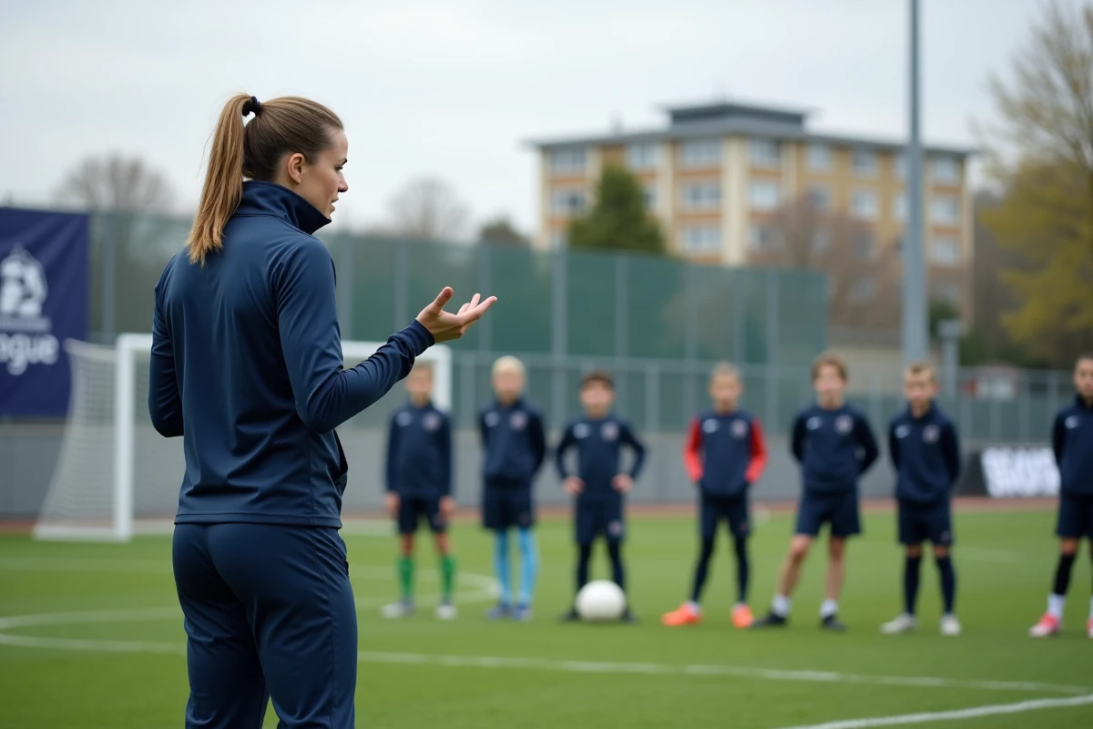 Une entraîneuse donne des conseils tactiques à de jeunes joueurs