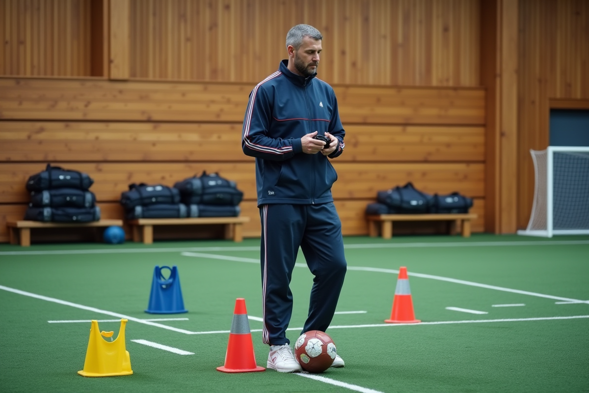 Entraîneur avec sifflet et cônes de sport sur le terrain intérieur