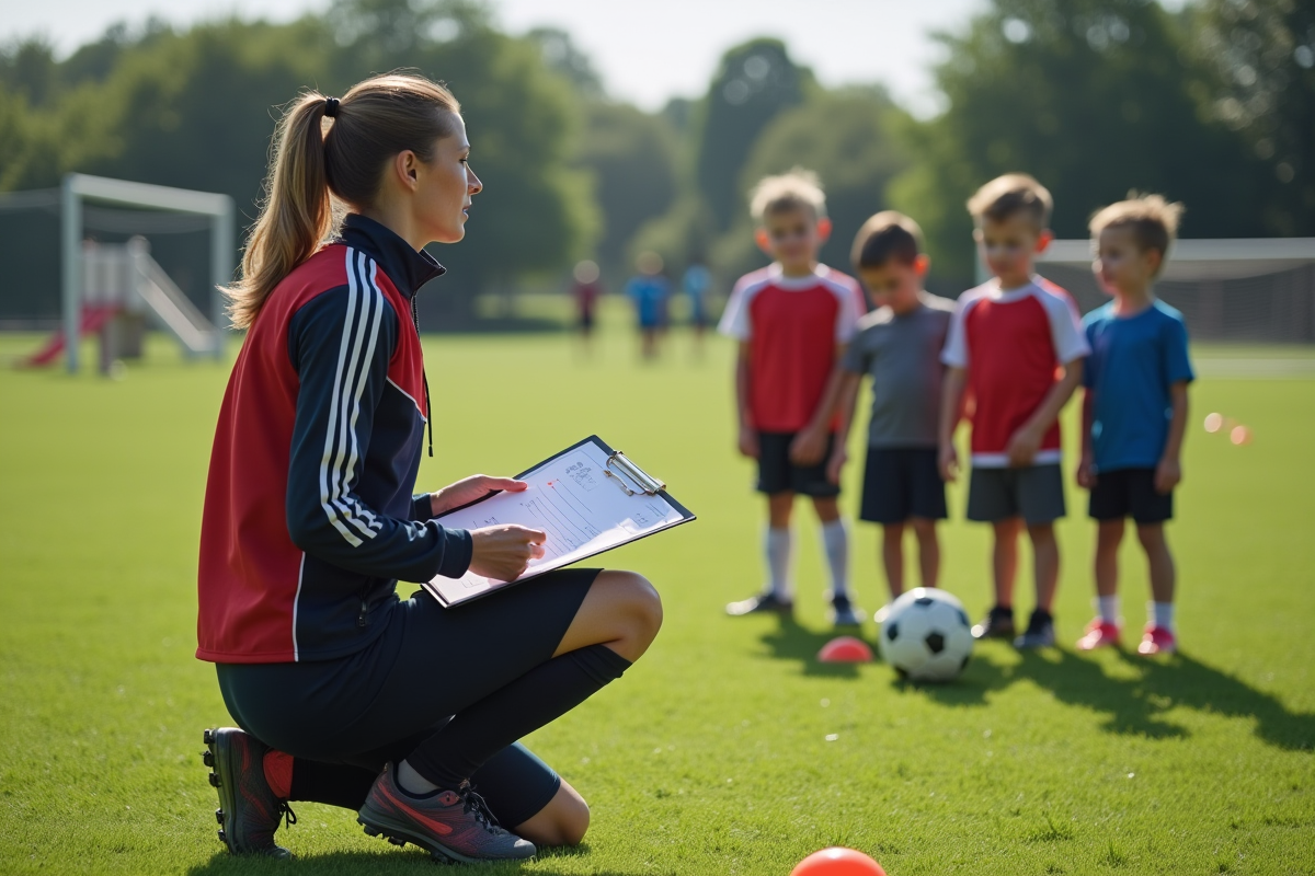 Entraîneuse de football montrant des tactiques à des enfants
