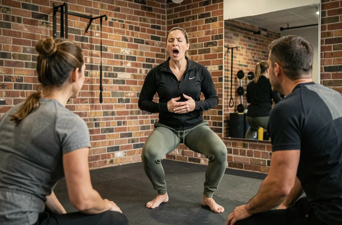 Coach sportive démontrant la technique de respiration au goblet squat à ses clients dans un studio de fitness, gainage du core expliqué en groupe