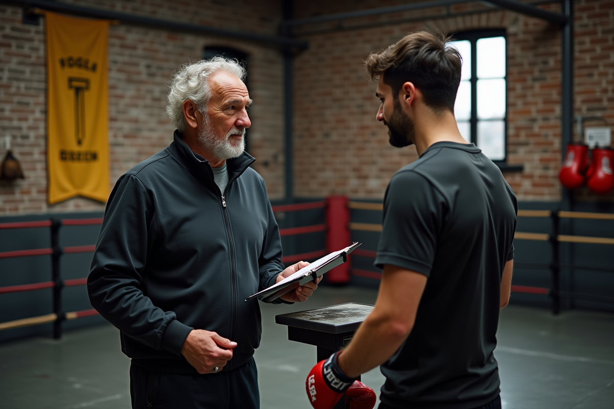 Entraineur parlant à un jeune boxeur dans un gymnase traditionnel