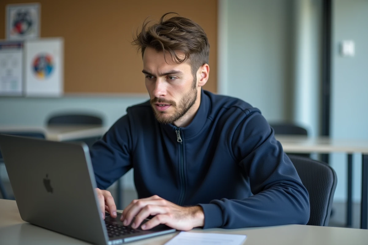 Jeune coach de judo en train de travailler sur son ordinateur