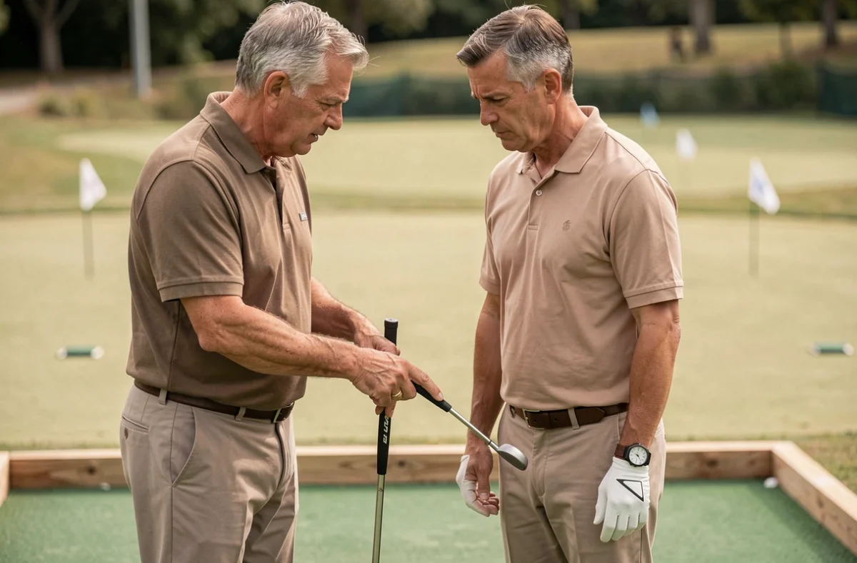 Instructeur de golf coachant un élève sur la technique du putt lors d'une session d'entraînement