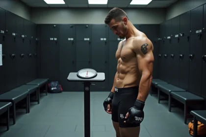 Combattant UFC masculin pesant sur une balance numérique dans un vestiaire professionnel avant une compétition