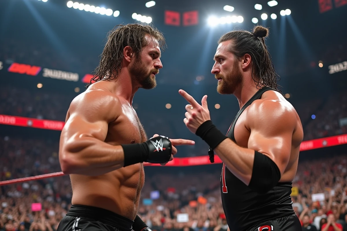 Deux catcheurs professionnels face à face dans le ring lors d'un match tendu au WWE Saturday Night Main Event