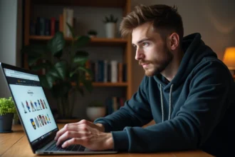 Un homme consultant des logos de clubs de football sur son ordinateur portable dans un bureau à domicile