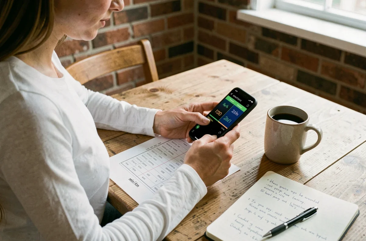 Femme analysant un tableau de conversion allure course min km et km h sur smartphone à la maison
