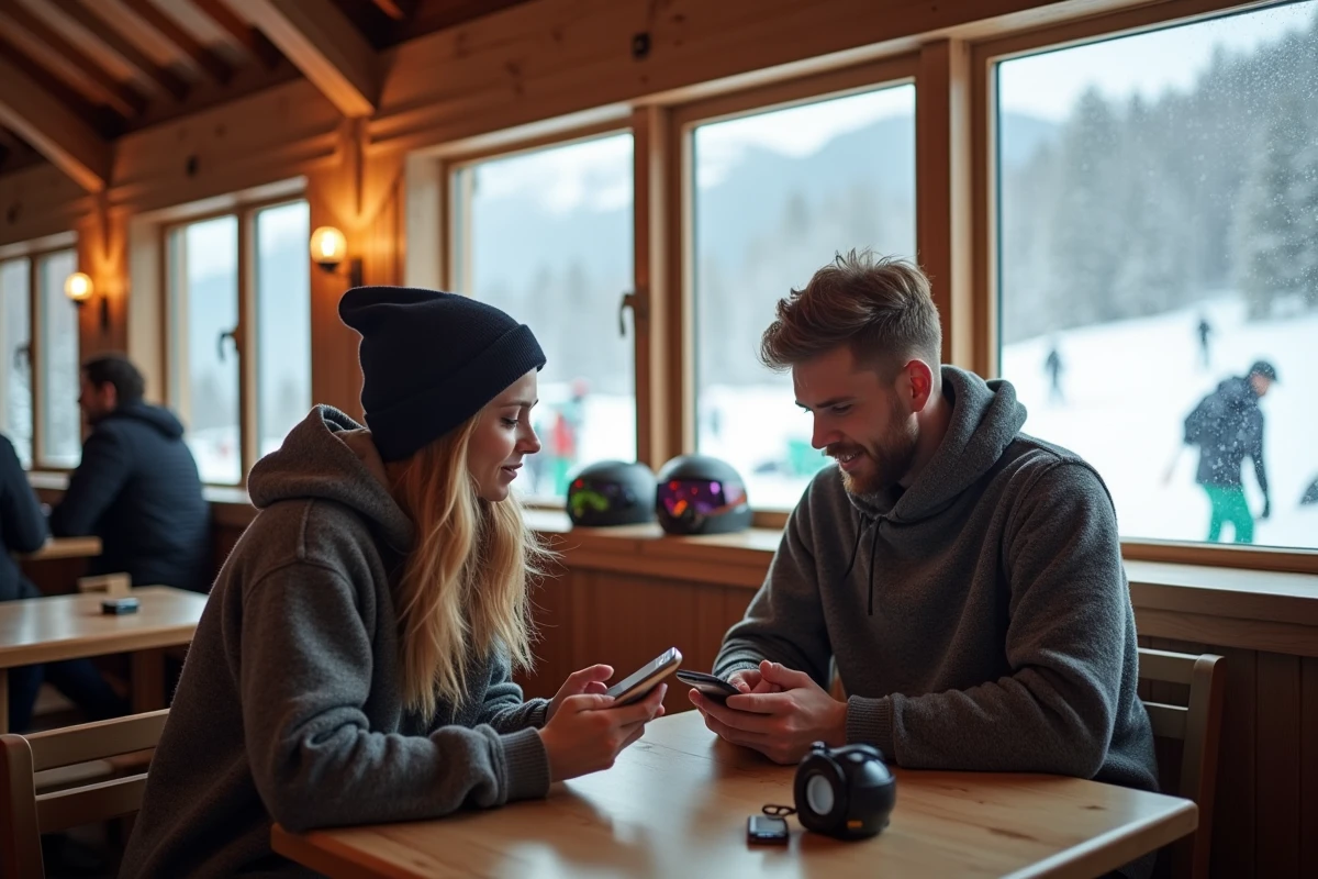 Couple de skieurs comparant les prix des forfaits ski Pra Loup 2026 sur smartphone dans un chalet
