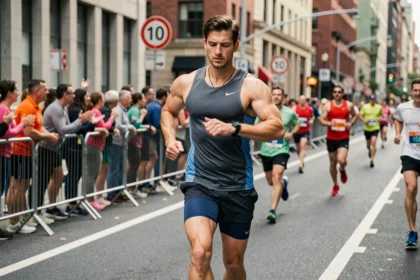 Coureur masculin consultant sa montre GPS lors d'un semi-marathon en ville pour contrôler son allure cible