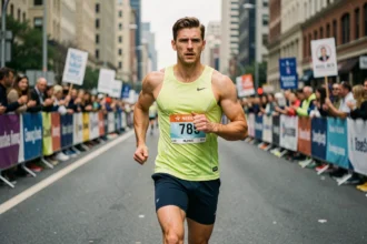 Coureur masculin en plein effort lors d'un marathon en ville, posture contrôlée visant l'allure 3h30
